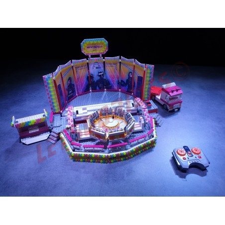 LetsGoRides - SpinBall, 
Motorized reproduction of the fairground attraction "SpinBall" made with Lego bricks. Foldable on two 