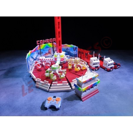 LetsGoRides - Condor, 
Motorized reproduction of the fairground attraction "Condor" made with Lego. Foldable on 3 trailers.
