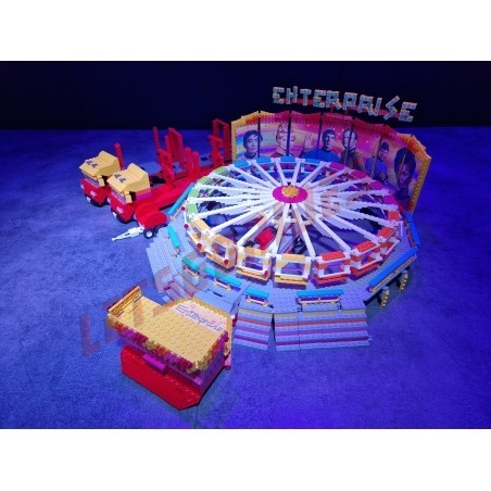 LetsGoRides - Enterprise, 
Motorized reproduction of the fairground attraction 'Enterprise" made with Lego. Foldable on trailer